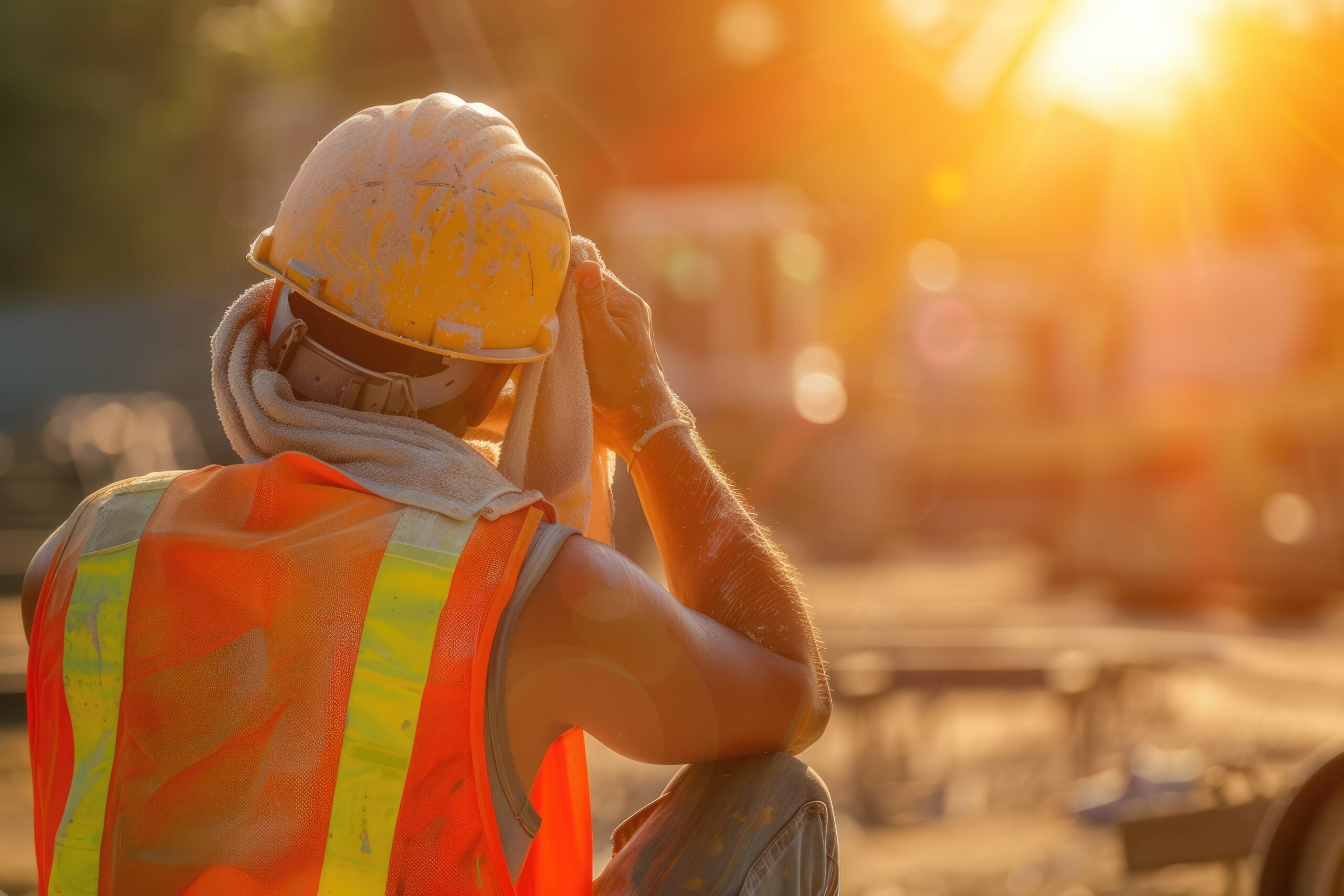Bright sunlight shines on construction worker in vest and hard hat, wiping sweat from their brow.