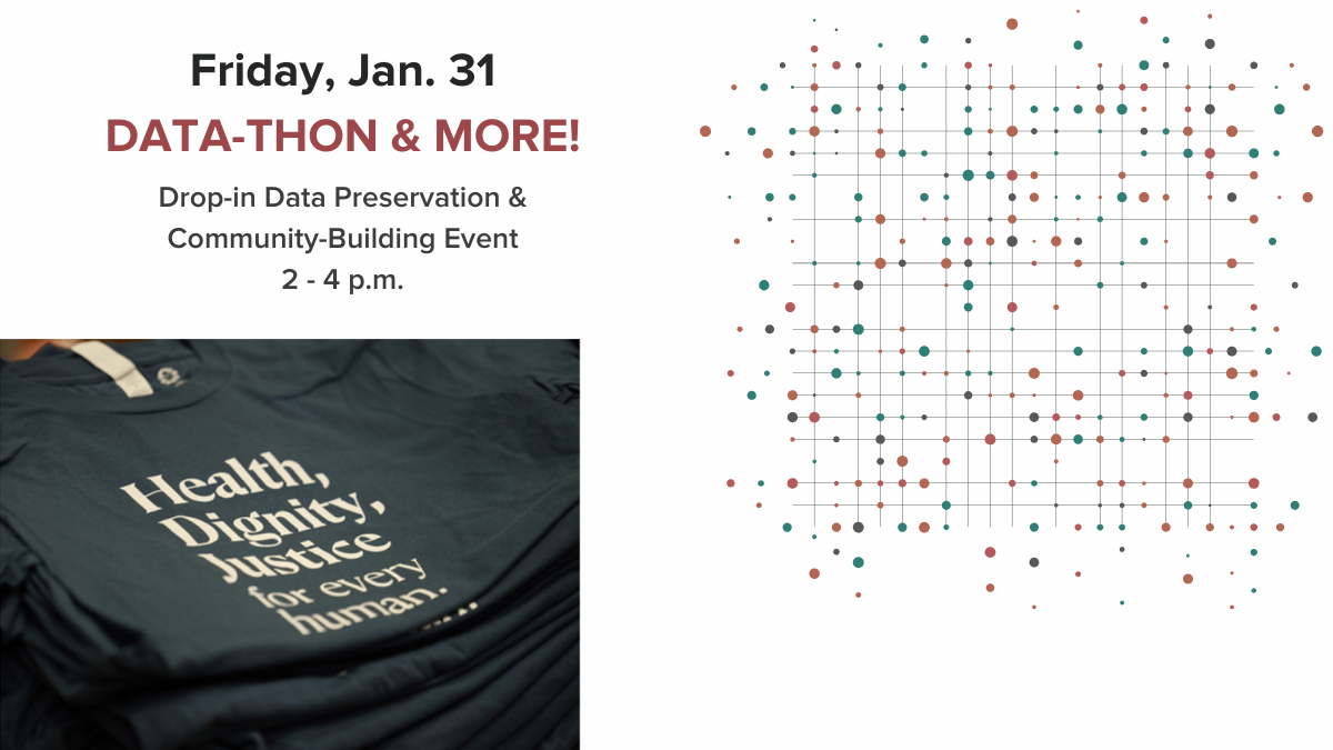 Data-thon event details on white background with data element image and photograph of a Harvard Chan theme t-shirt