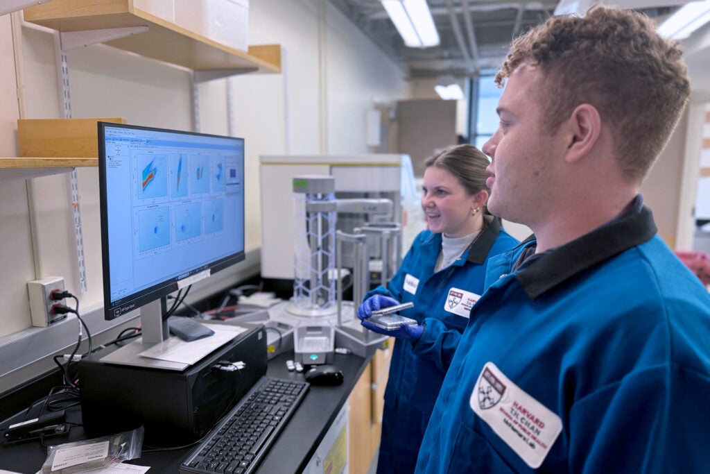 Sebastian Ricketts and Lindsay McManus looking at data on the screen in the lab