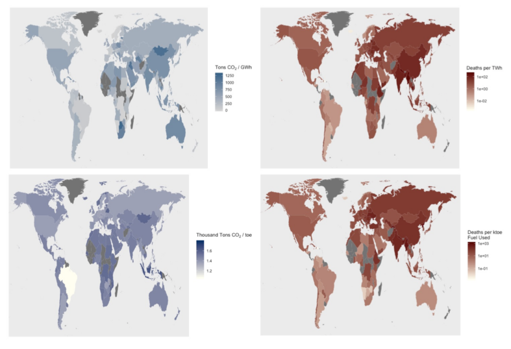 Figure 1: Carbon dioxide emission rates (Tons per GWh) of each country’s electrical grid, health impact rate (excess mortality cases per TWh) of air pollutant emissions from each country’s electrical grid, CO2emissions rate (kg CO2per ton of oil equivalent) from transportation in each country, and health impact rate (deaths per 1000 tons of oil equivalent consumed) from air pollutants from transportation in each country, in 2010 (International Energy Agency n.d.). Countries in dark grey did not have data available.