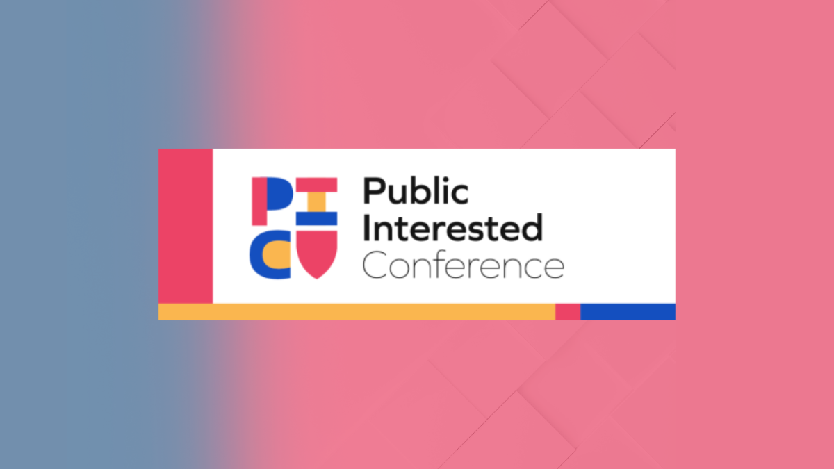 public health conference text and logo on blue and pink background