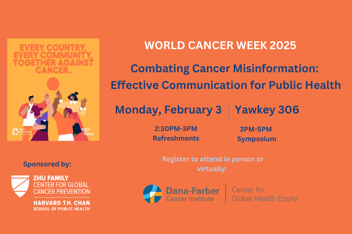 World Cancer Week 2025 flyer with event details, Zhu family center logo on orange background