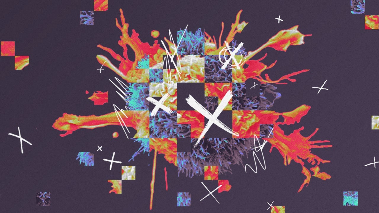 The image is a colorful, abstract composition featuring a central explosion-like pattern with vibrant hues of red, orange, yellow, and blue. It incorporates a pixelated effect with checkerboard squares overlaying the explosion. White scribbles and cross symbols are scattered throughout, enhancing the chaotic and dynamic feel. The background is a dark, muted tone that contrasts with the bright colors in the foreground.