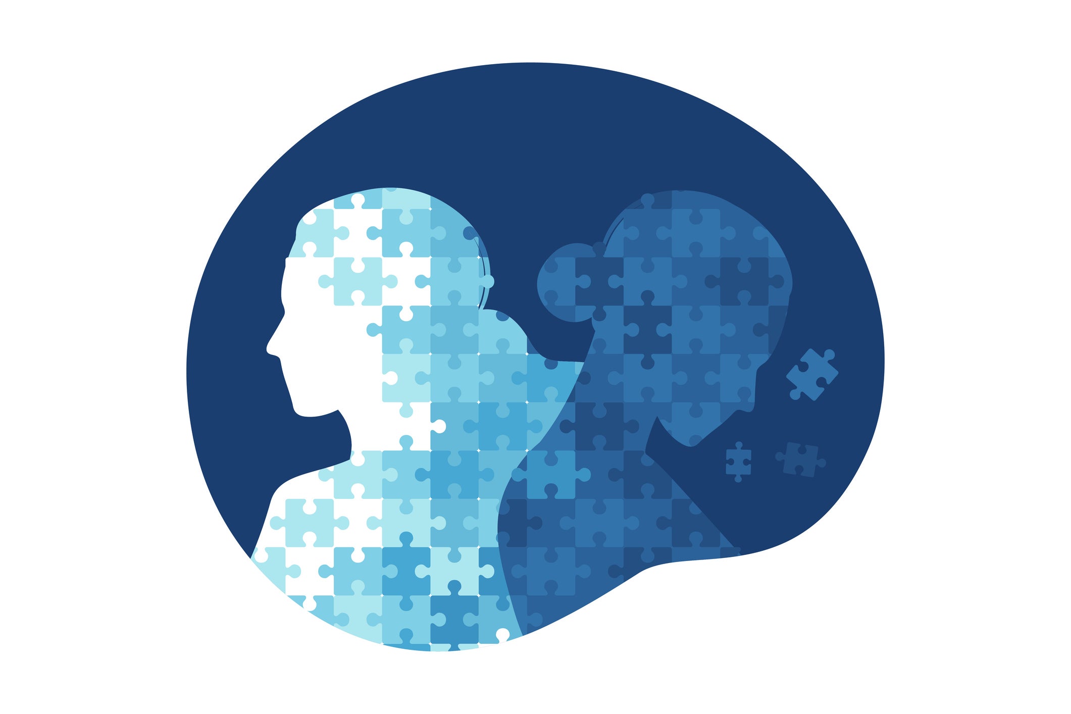 Illustration of blue silhouettes of two women made up of puzzle pieces. One looking right into the distance, one bowing her head down to the left, with a puzzle piece missing.