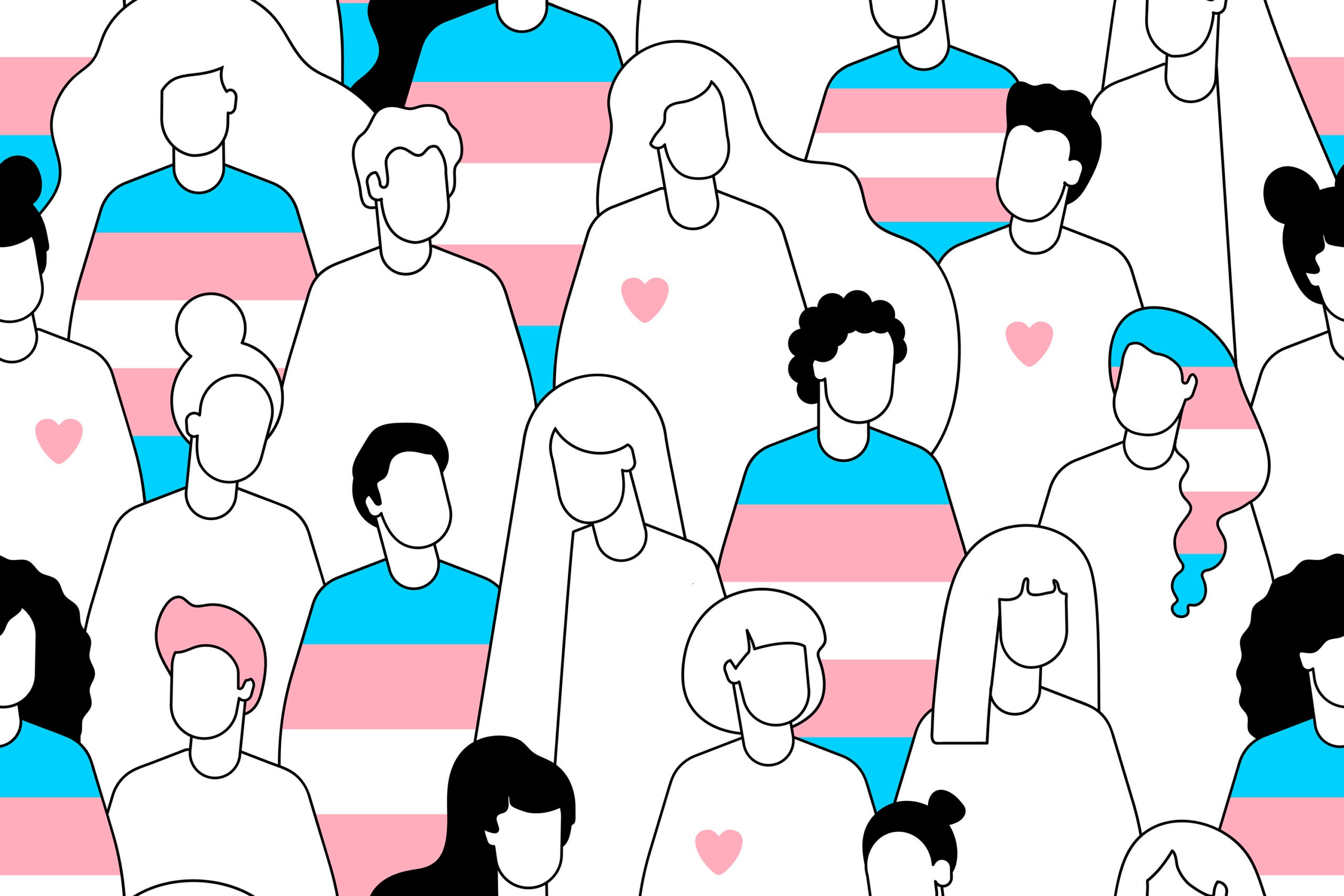 Line drawing of crowd of people, some of whom are filled in with the transgender flag