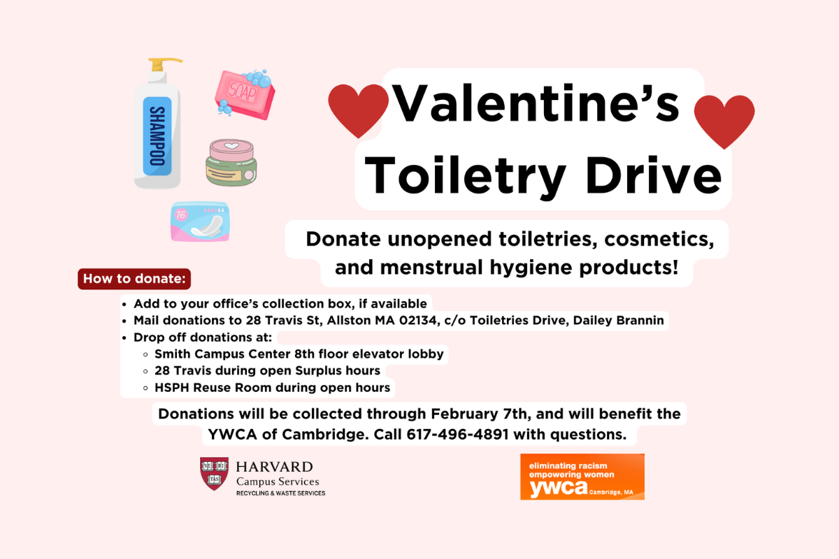 Valentine's Toiletry Drive flyer on pink background with event details