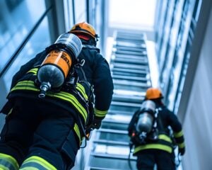 Two firefighters ascend a modern staircase, equipped with breathing apparatus.