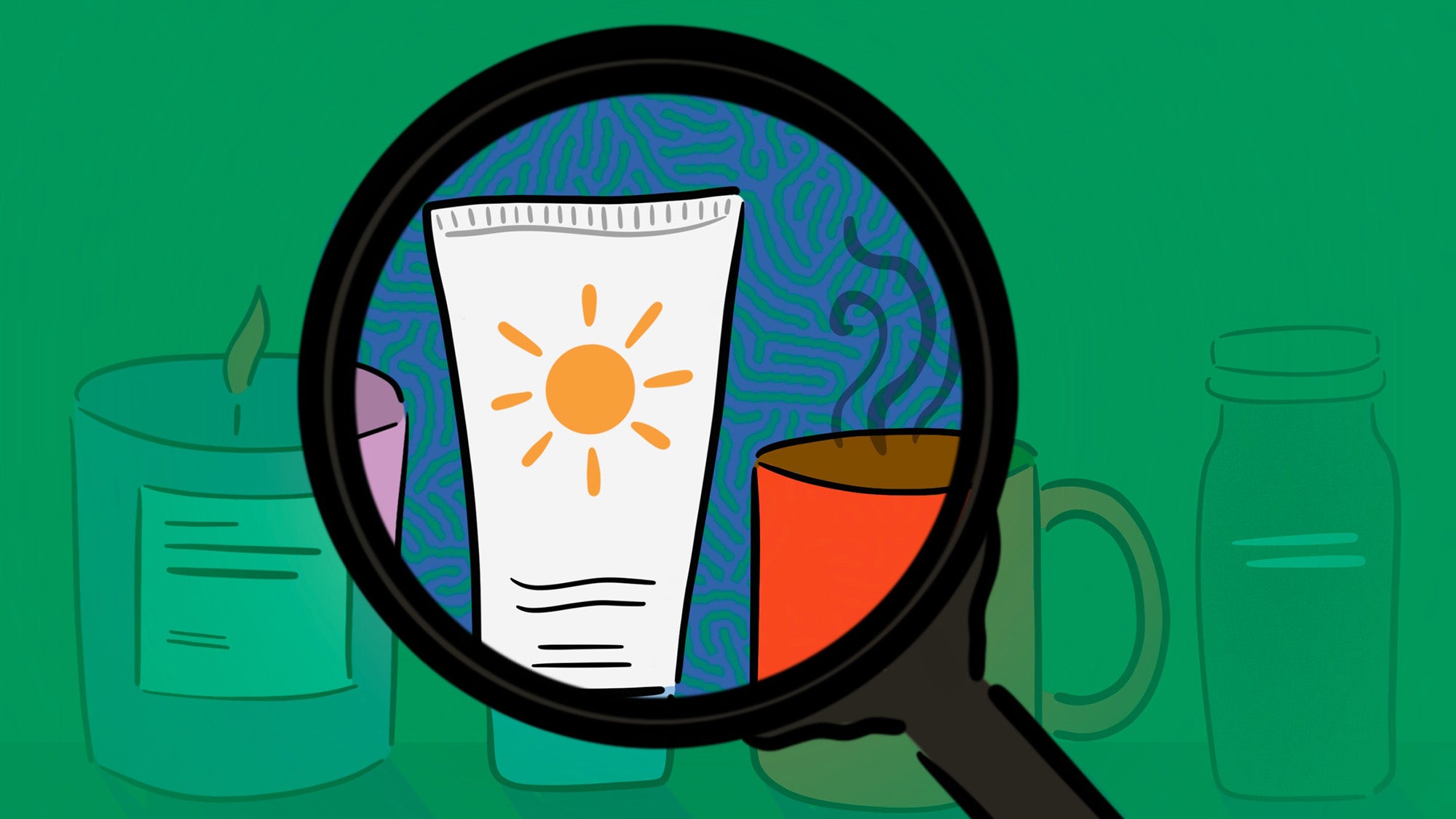 Illustration showing products and foods through a magnifying glass