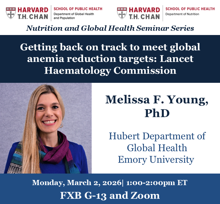 The flyer for Melissa F. Young's seminar on March 2, 2026, titled "Getting back on track to meet global anemia reduction targets: Lancet Haematology Commission." The flyer shows a smiling picture of Dr. Young in a blue shirt and scarf.