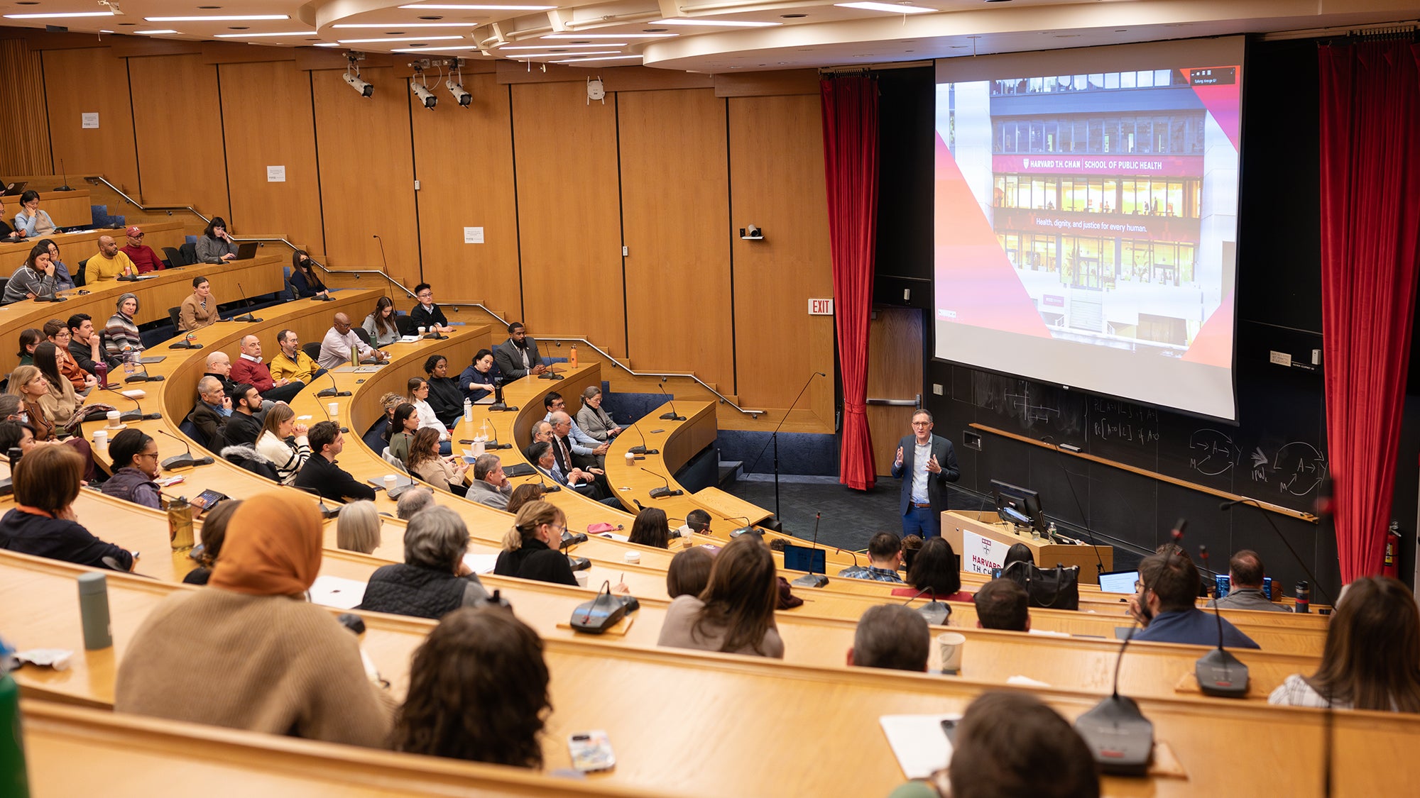 Dean Andrea Baccarelli speaking to an audience at Harvard Chan School