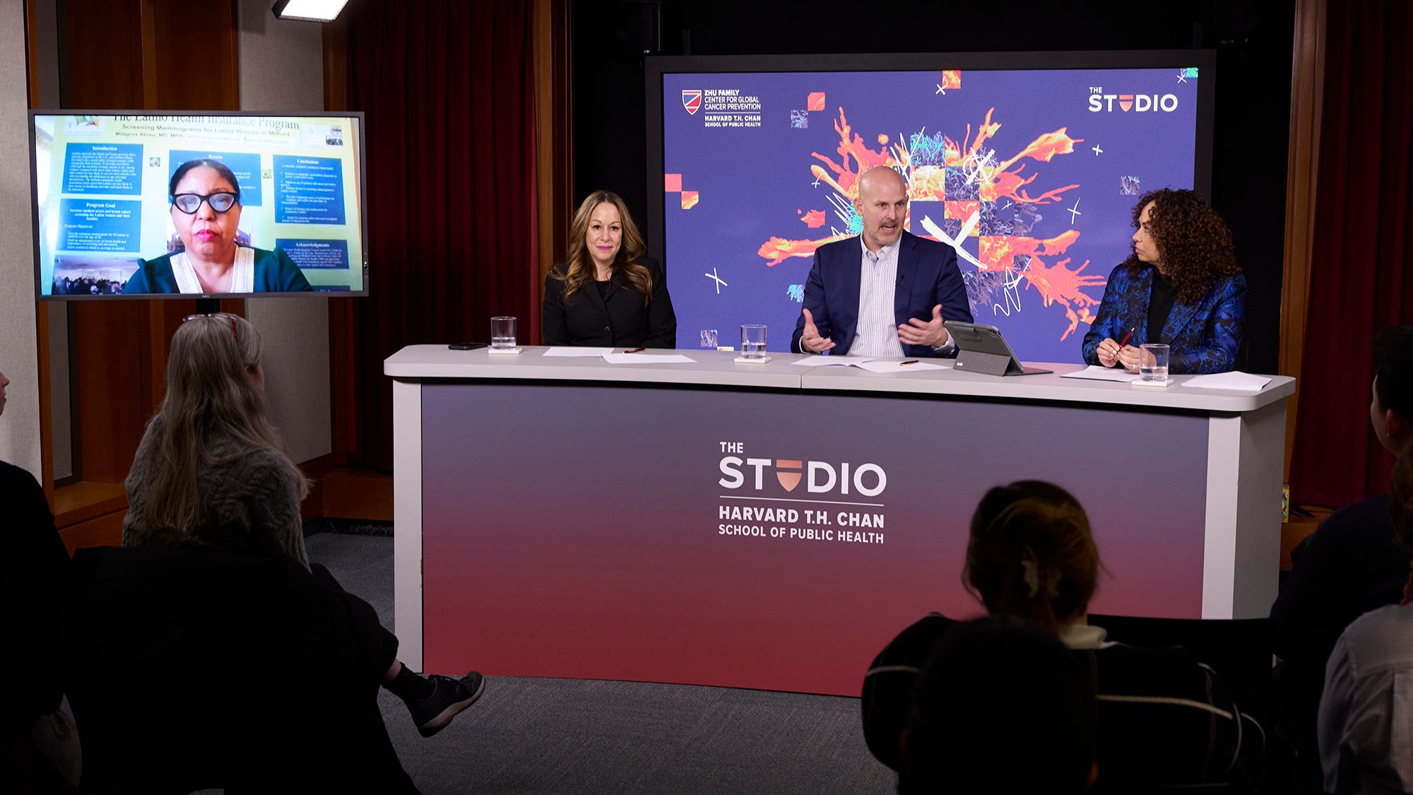 Panelists at Studio event on cancer misinformation, from left: Milagros Abreu (remote), Stacy Loeb, Skyler Johnson, and moderator Mallika Marshall.