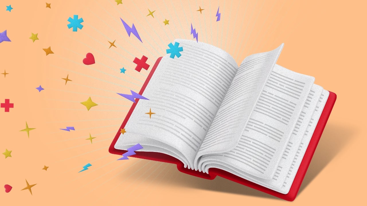 A red open book with blank pages, surrounded by colorful confetti shaped like math symbols on a light orange background.