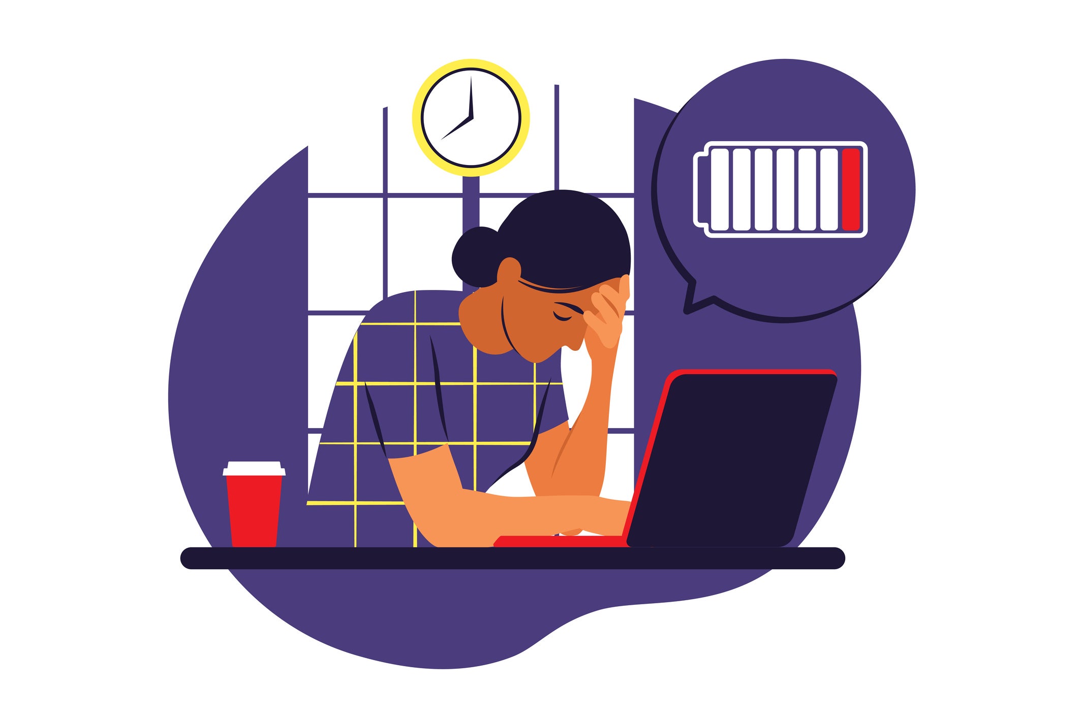 An illustration of a woman sitting with her head in her hands in front of a laptop. A drained battery symbol is overhead.