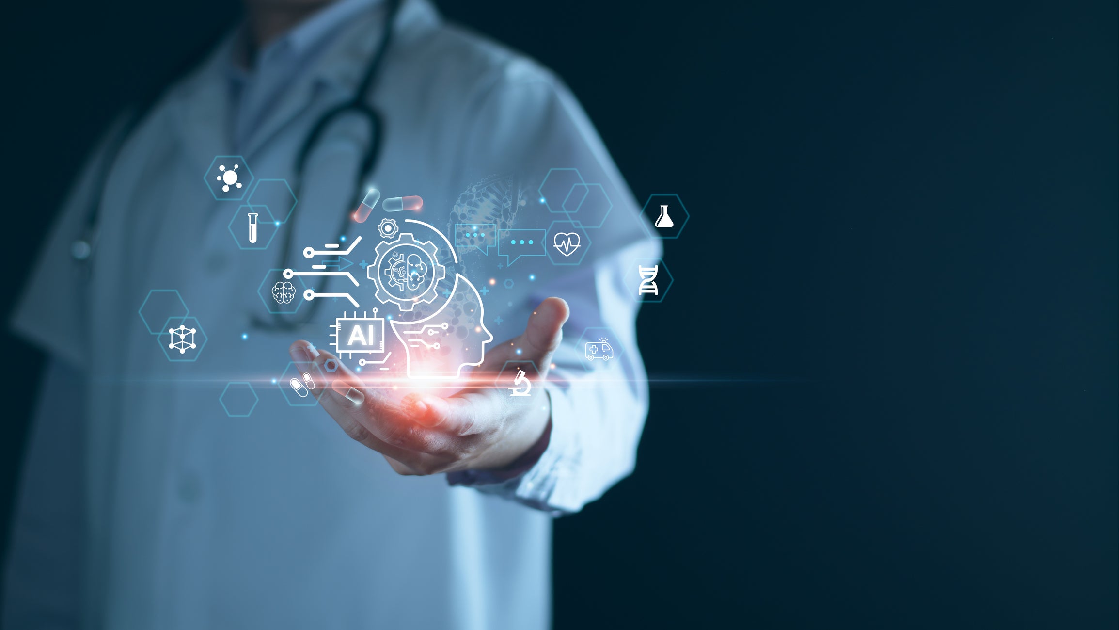 Doctor in lab coat and with stethoscope holding graphic symbols representing medical technology and AI.