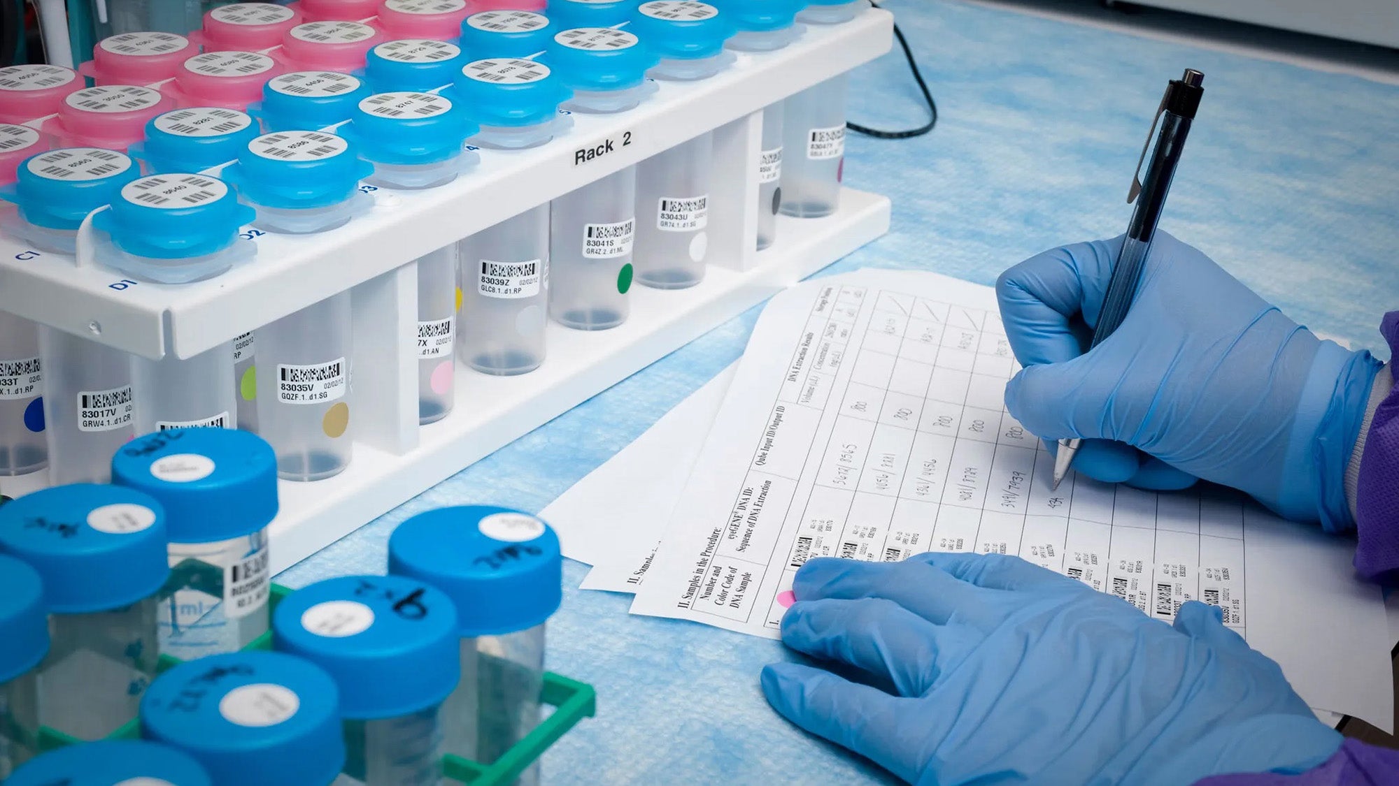 Test tubes in trays, gloved hands taking notes on chart, biomedical research