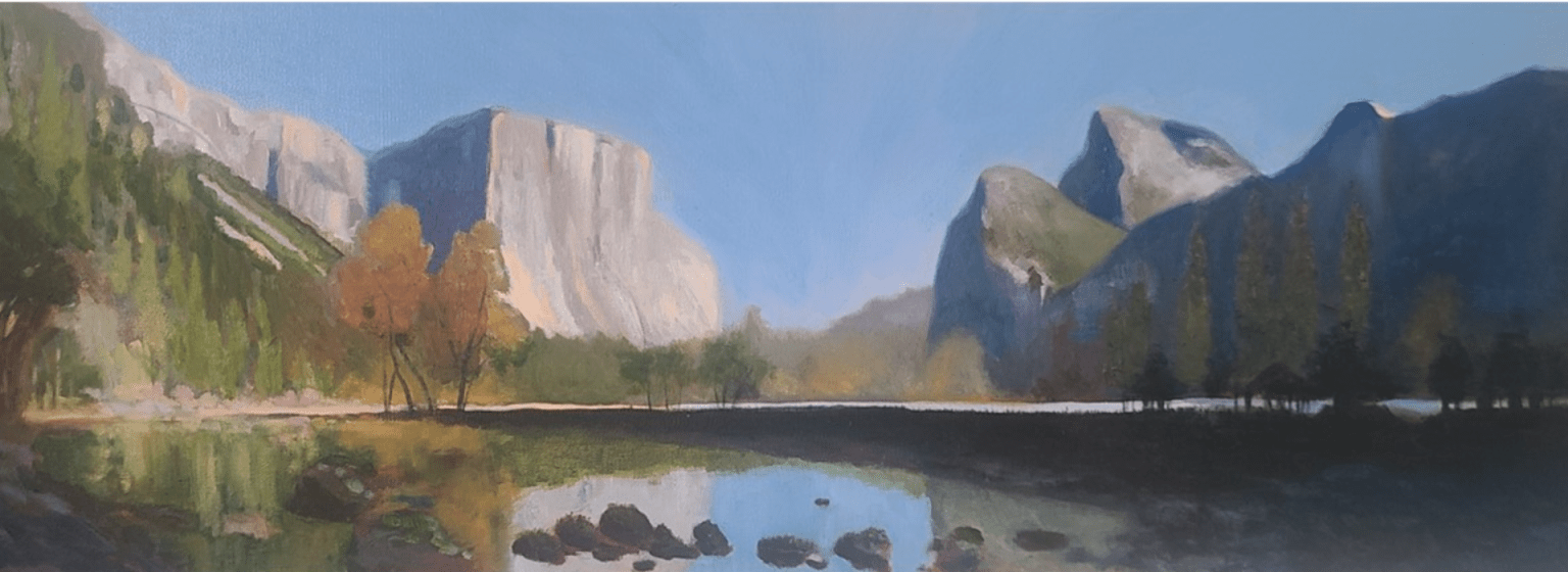 "Through Janae's Eyes," oil painting of sheer rock cliffs, trees, and lake, by Natalie Carter