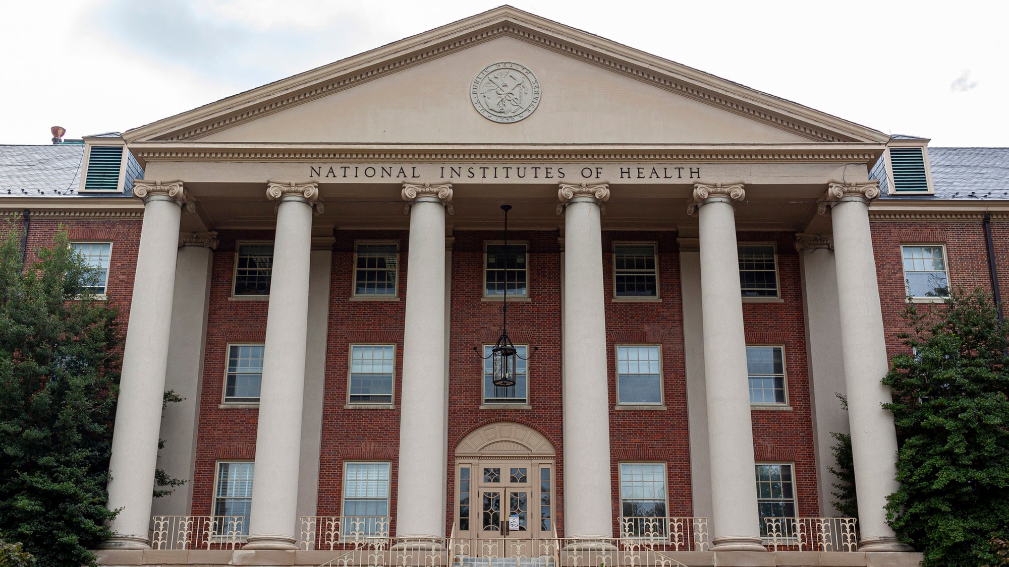 View of the main historical building (Building 1) of the National Institutes of Health (NIH) inside Bethesda campus