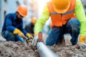 Utility workers wearing hard hats repairing water pipes in an urban setting.