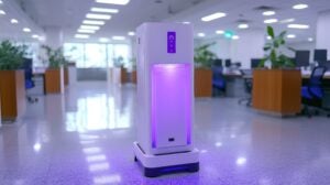 A futuristic UV-C disinfection robot stands in a modern office, showcasing advanced cleaning technology.