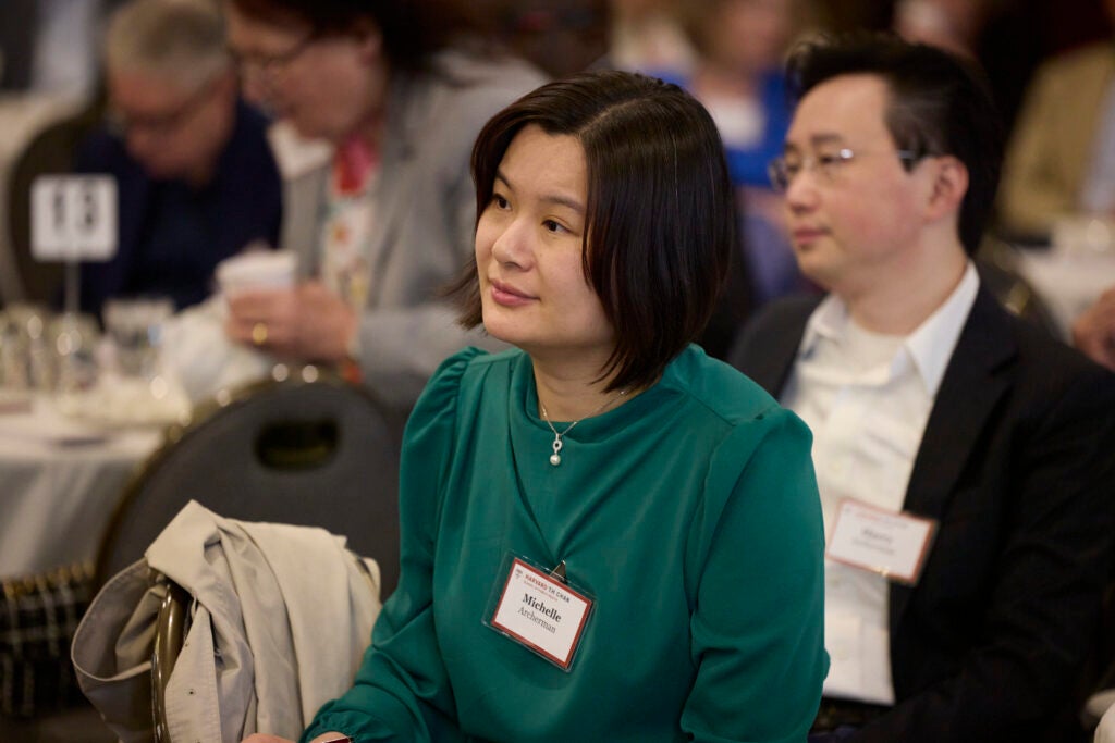 A woman in a silky green top watches the program. 