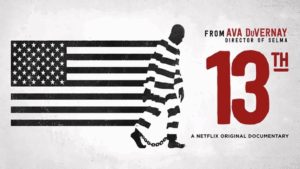 Movie flyer with the movie title on black and white U.S. Flag with person walking in striped outfit