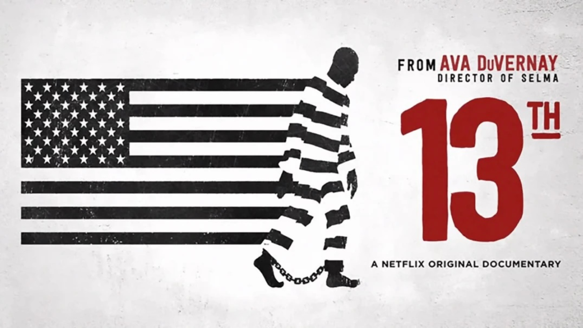 Movie flyer with the movie title on black and white U.S. Flag with person walking in striped outfit