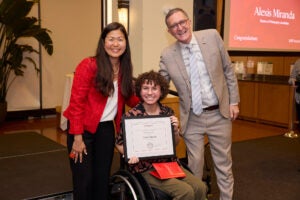 Values in Action award winner Alexis Miranda with Deans Kim and Baccarelli