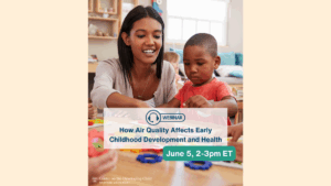 event flyer, mom with young son playing at a table