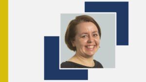 Headshot of Jytte Nielsen from Newcastle University on white background with blue and yellow elements