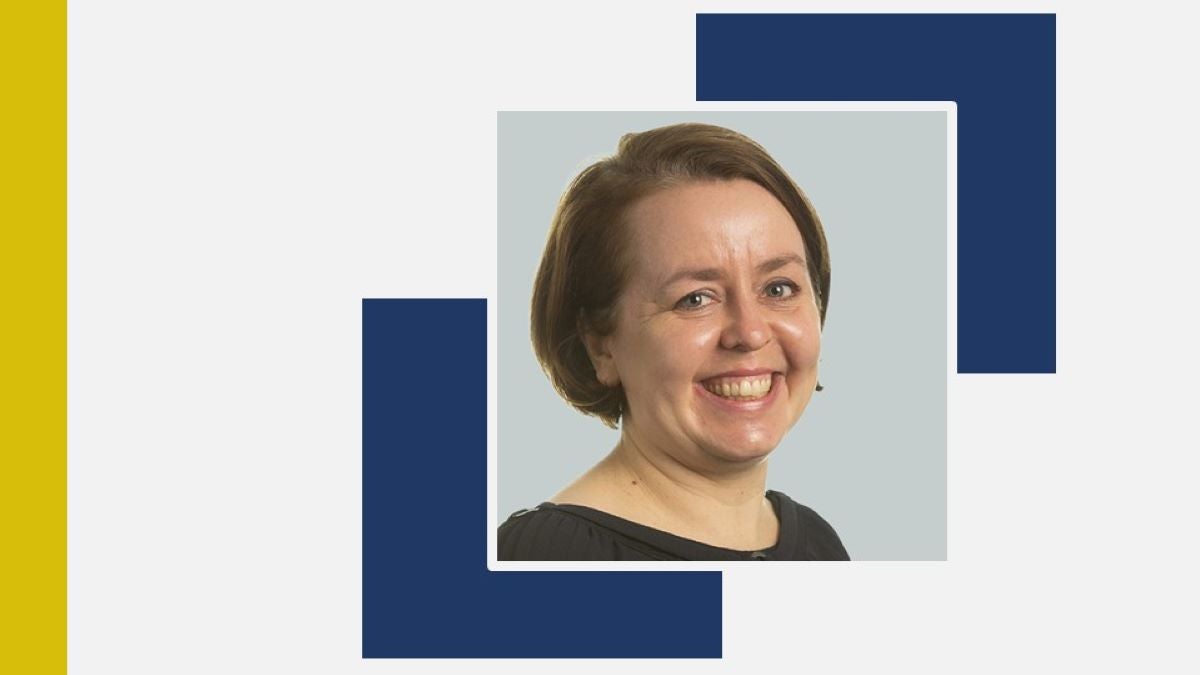 Headshot of Jytte Nielsen from Newcastle University on white background with blue and yellow elements