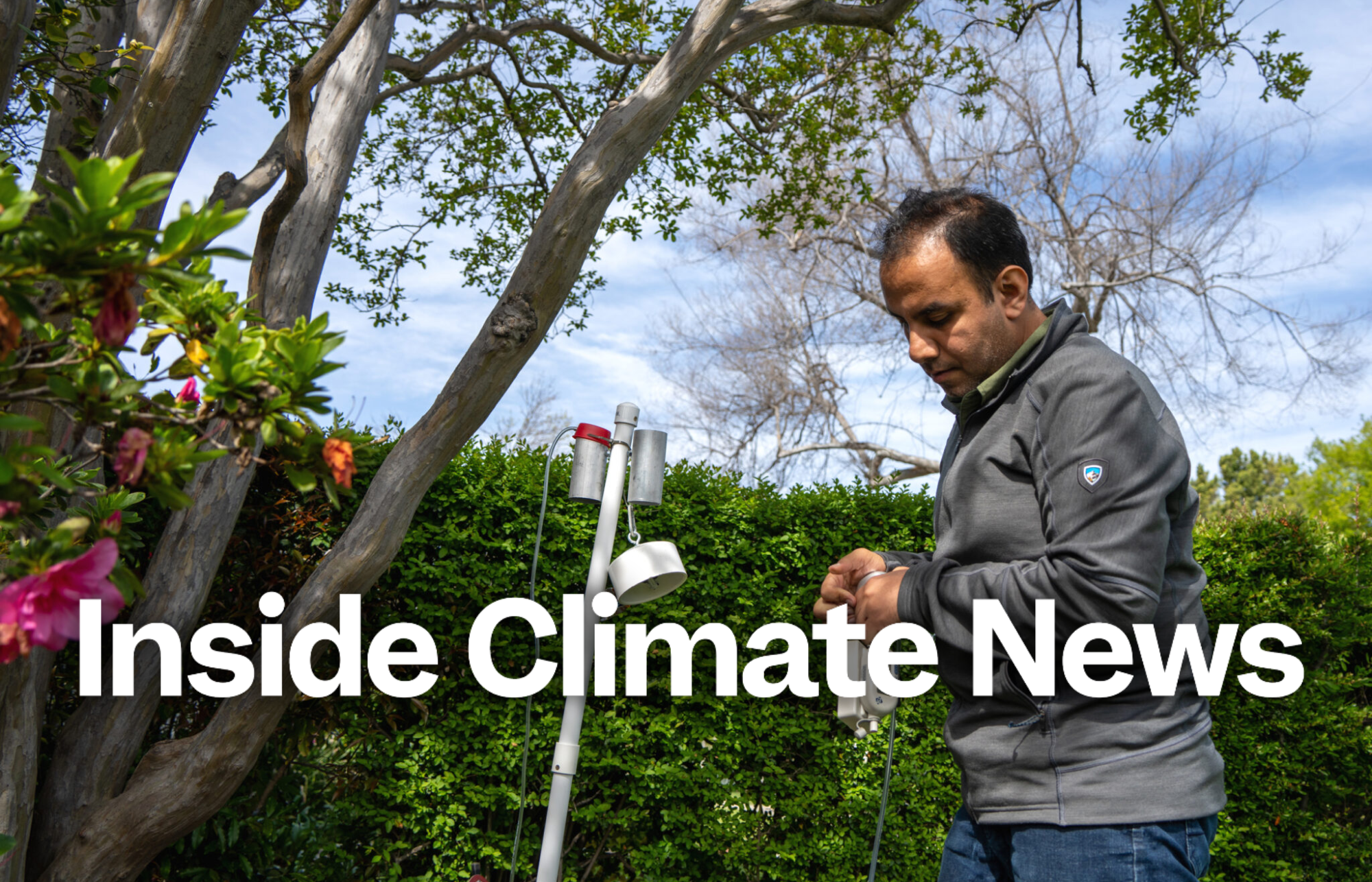 Parham Azimi, a Harvard University researcher, checks an outdoor air monitor which has been collecting samples for the last week outside Nicole Bryne’s house on April 1 in Pasadena, Calif. Credit: Nina Dietz/Inside Climate News