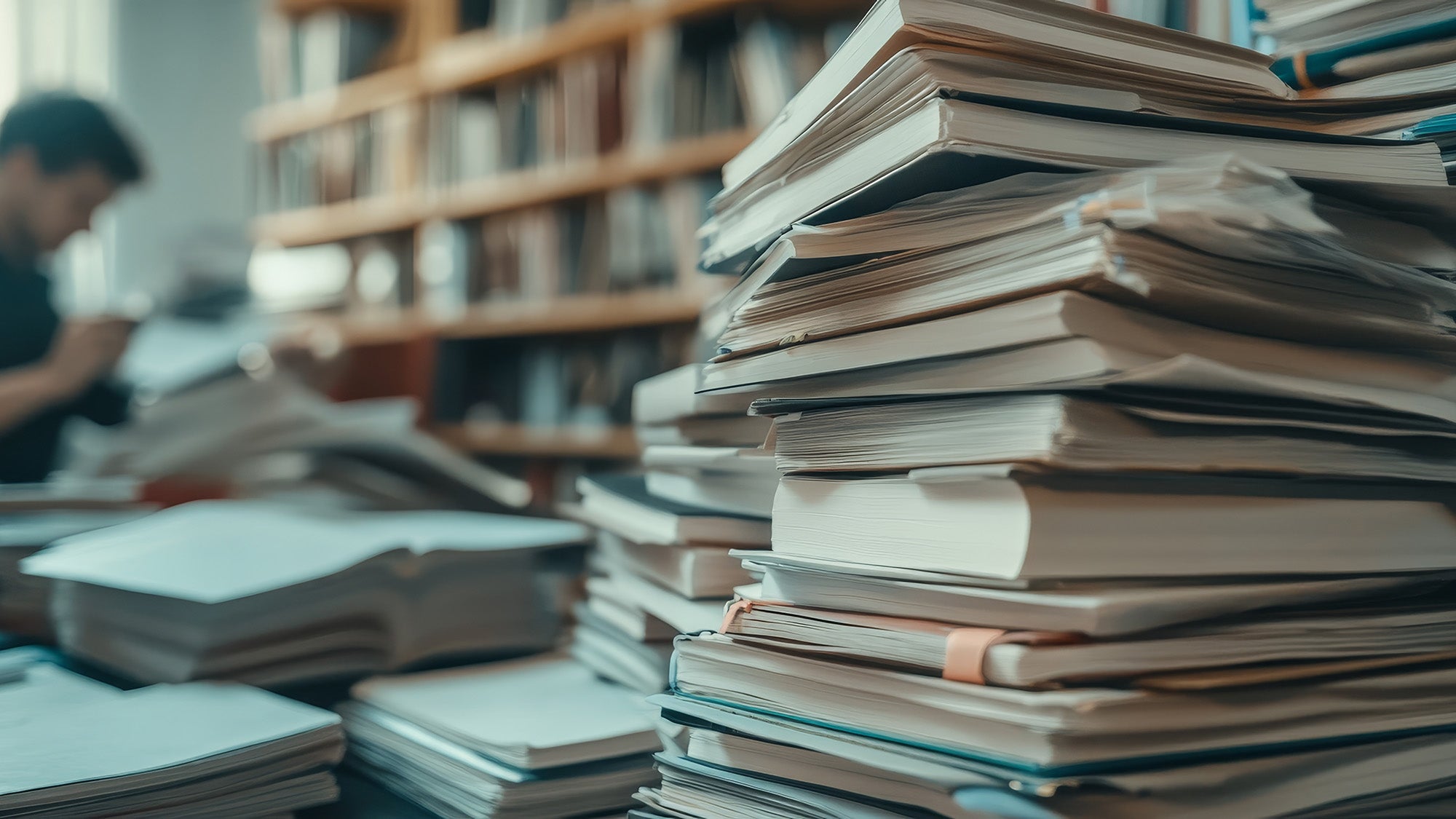 Academic journals stacked on a desk, with a researcher in the background.