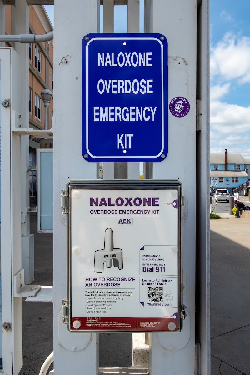 Ocean City, Maryland, USA, Sept 3, 2024. A Nalaxone overdose emergency kit on the boardwalk.