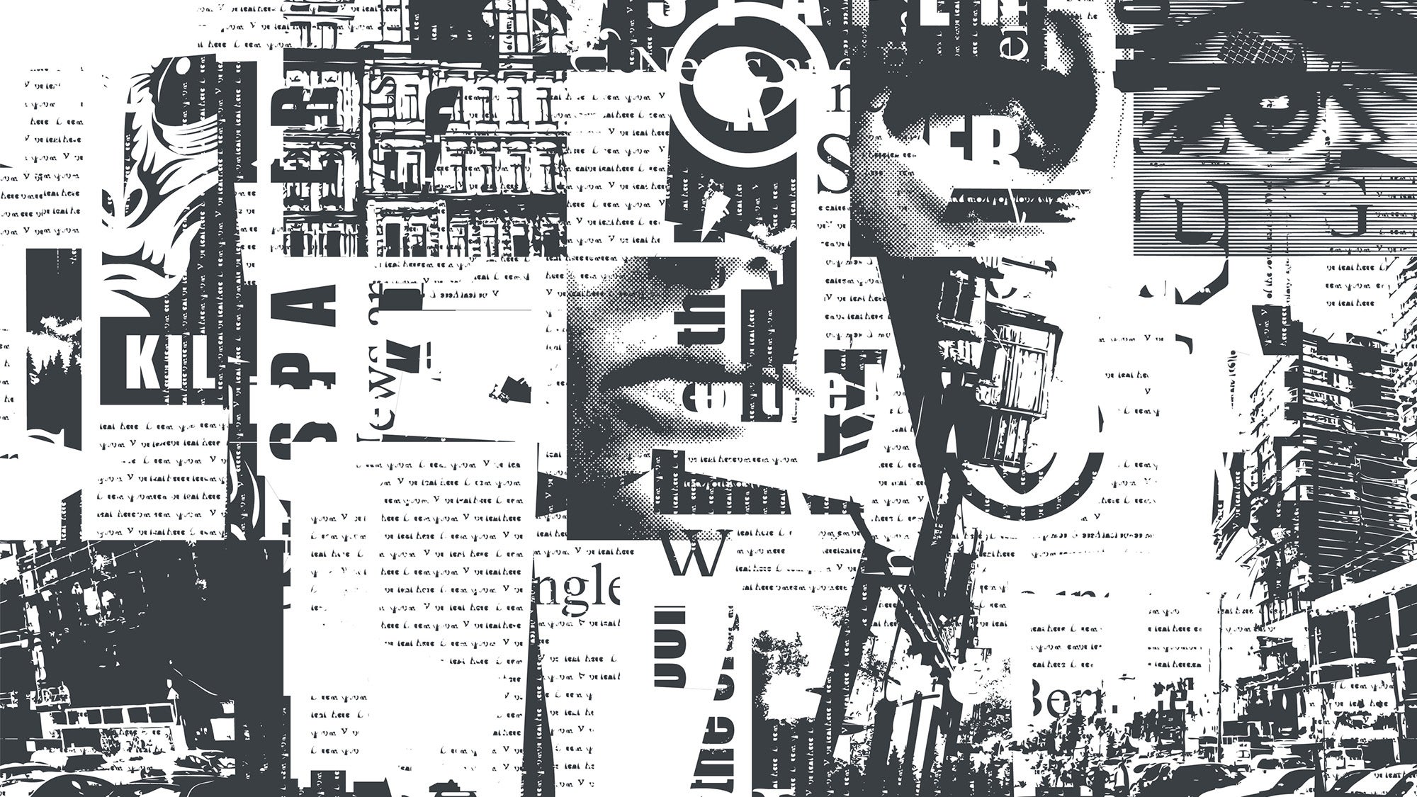 Abstract seamless pattern with chaotic layering of newspaper text, illustrations, headlines in a grunge style. Black and white.