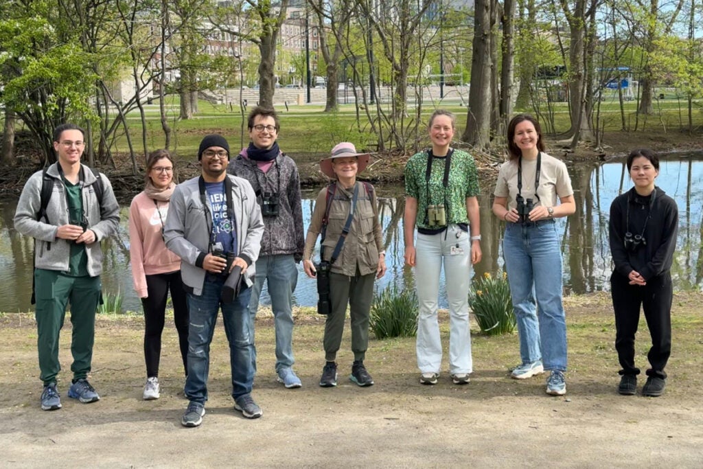 Rose Goldman (center) and students on birding outing