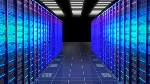 A brightly lit server room with rows of illuminated blue and purple server racks on both sides, extending down a reflective tiled floor toward a darkened doorway at the end.
