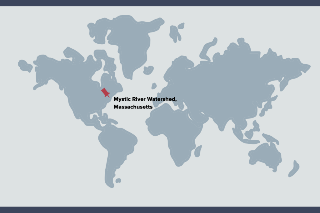 Map pointing to Mystic River Watershed, MA