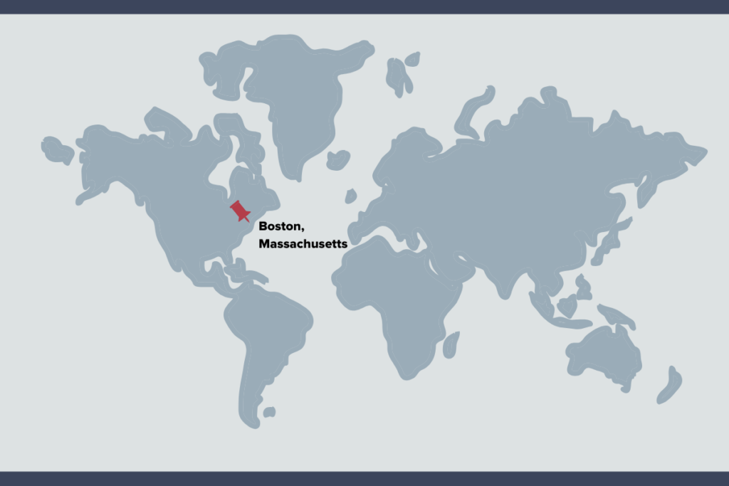Global map pointing to Boston, Massachusetts