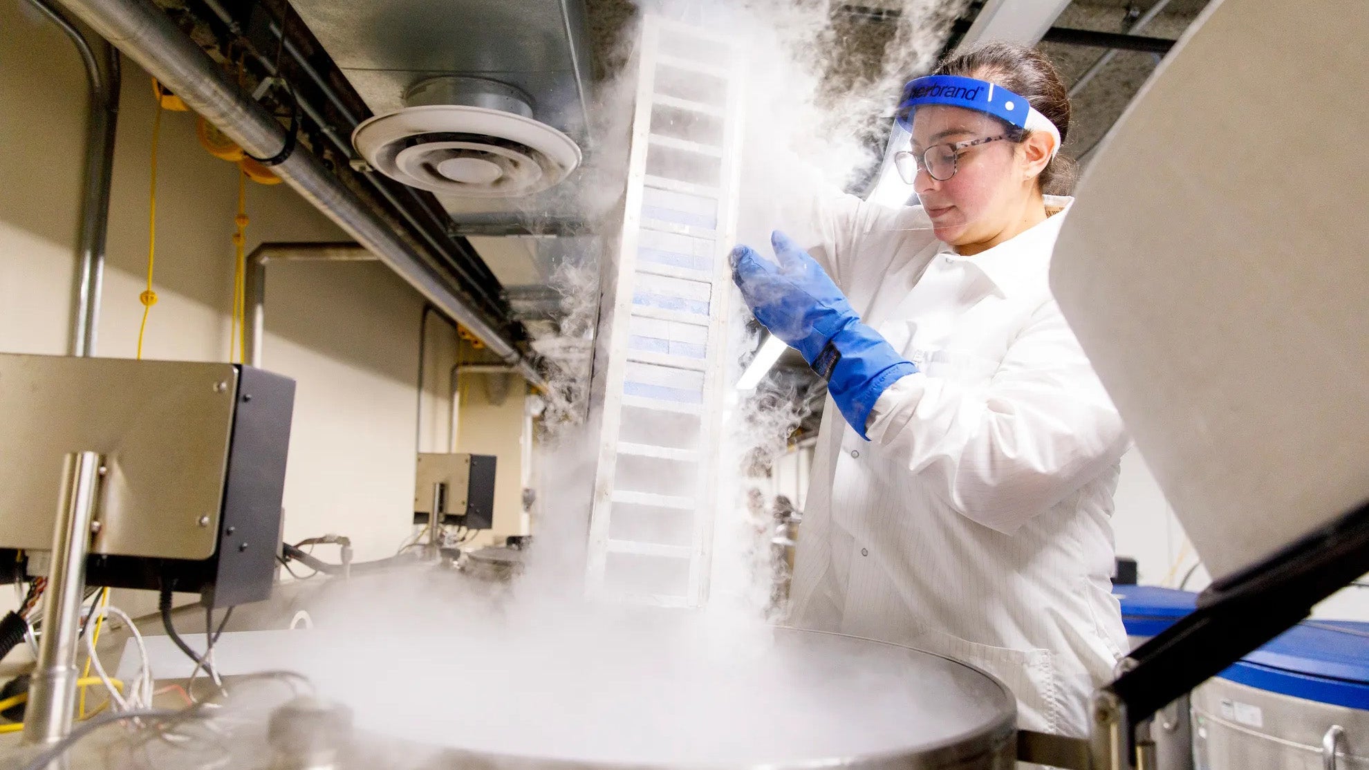 Nicole Romero removes biological samples from a freezer at Harvard Chan School.