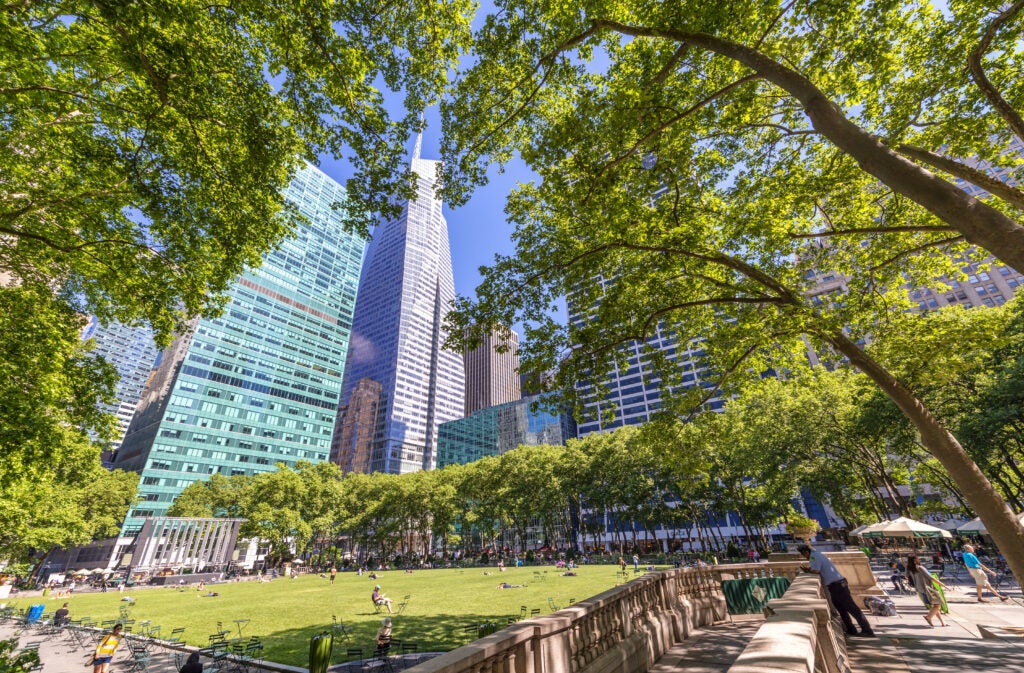 A photo of Bryant Park in New York City with many people sitting on a grass area and walking in the shade of large trees.