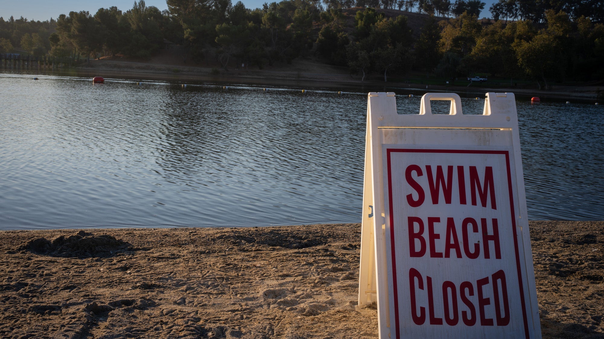 Beach closed sign at lake