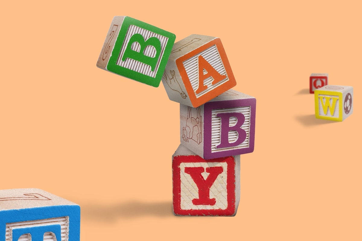An image of 4 blocks that spell the word baby.