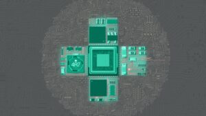 A digital illustration of a microchip placed at the center of a circular outline, made up of intricate circuit board patterns on a gray background. The microchip and surrounding electronic components are highlighted in teal, symbolizing the concept of artificial intelligence and the intersection of technology and human cognition.