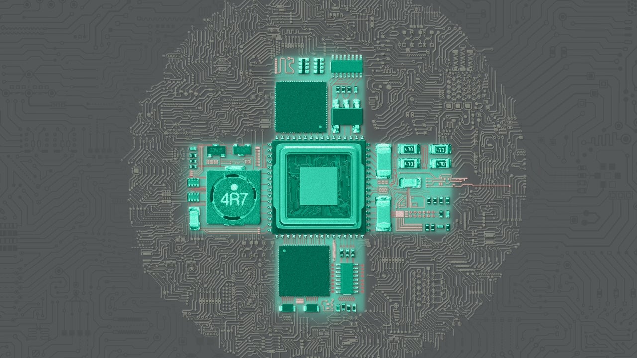 A digital illustration of a microchip placed at the center of a circular outline, made up of intricate circuit board patterns on a gray background. The microchip and surrounding electronic components are highlighted in teal, symbolizing the concept of artificial intelligence and the intersection of technology and human cognition.