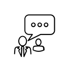 icon of two people, one with a suit and tie, with a speech bubble above them containing three dots, symbolizing communication and dialogue.