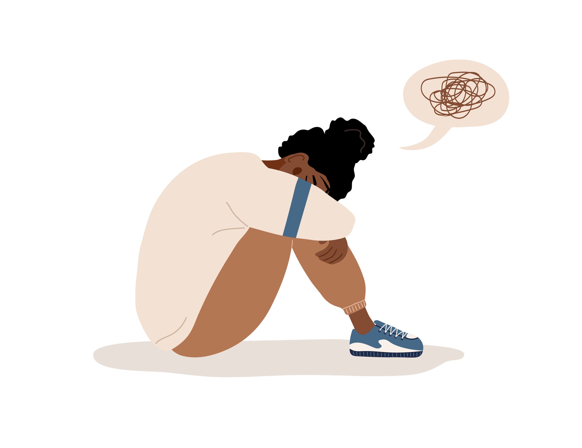 Sad teenager sitting on floor and crying. Vector illustration in flat cartoon style.