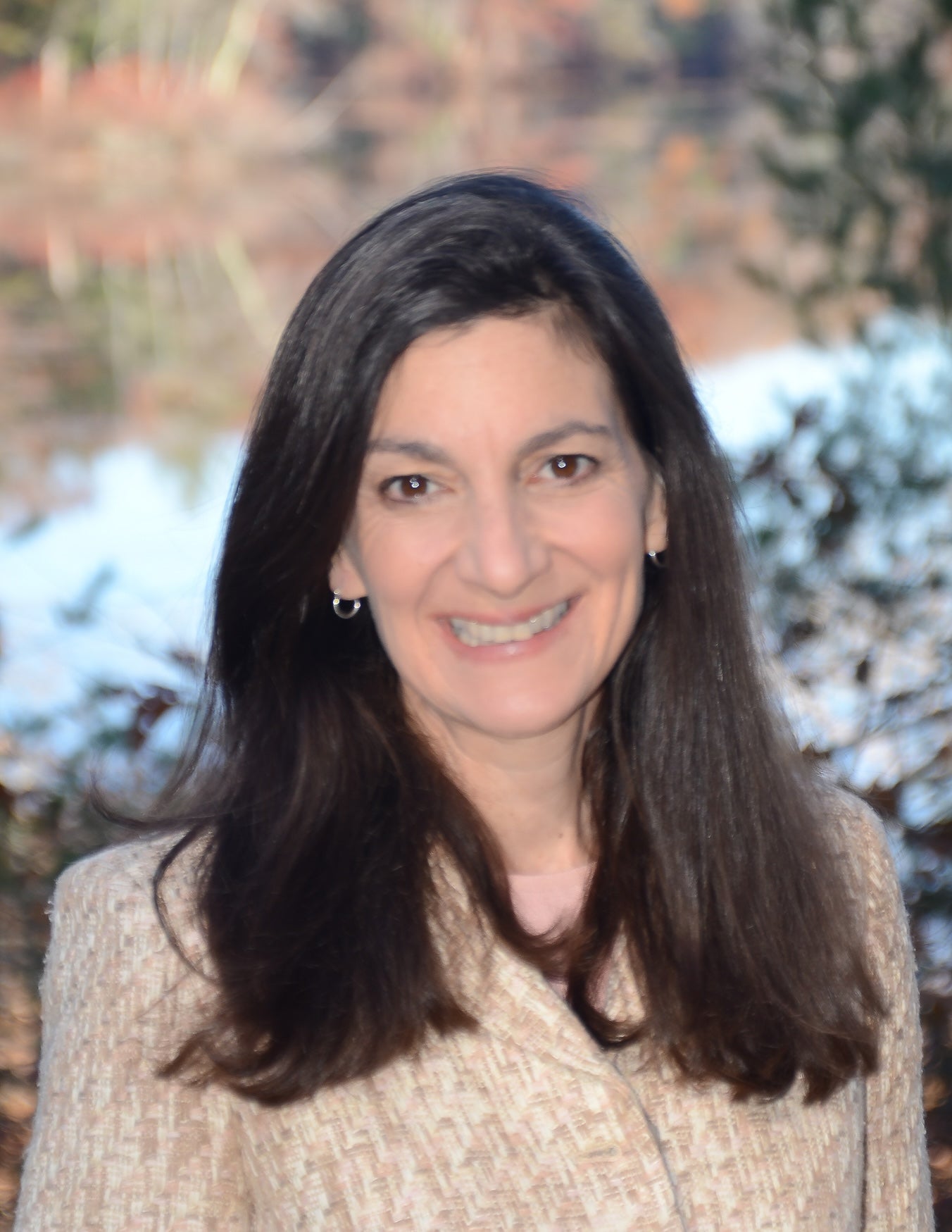 Headshot of a woman with straight, dark brown hair and tan blazer in a snowy backdrop