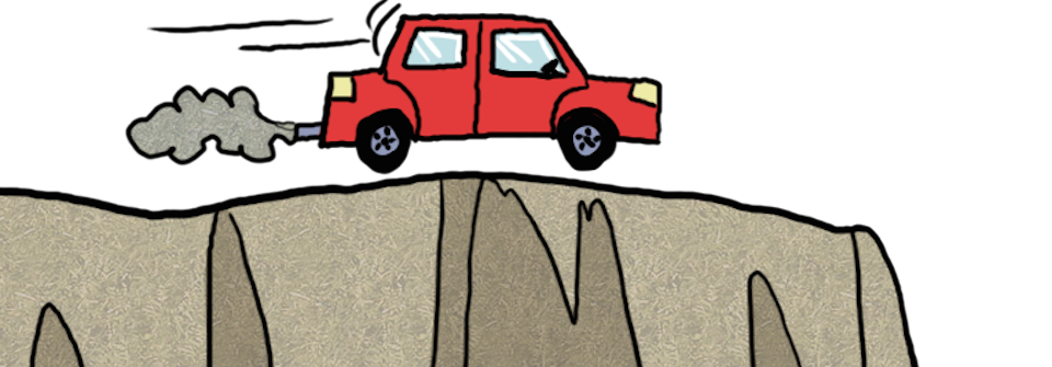 Illustration of a red car driving toward the edge of a steep cliff at night, with exhaust smoke trailing behind, symbolizing risk, danger, or impending crisis.