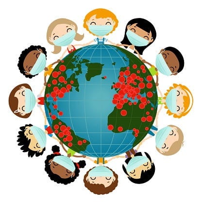 Illustration of diverse children wearing masks holding hands around Earth, which is marked with red dots indicating global disease spread.