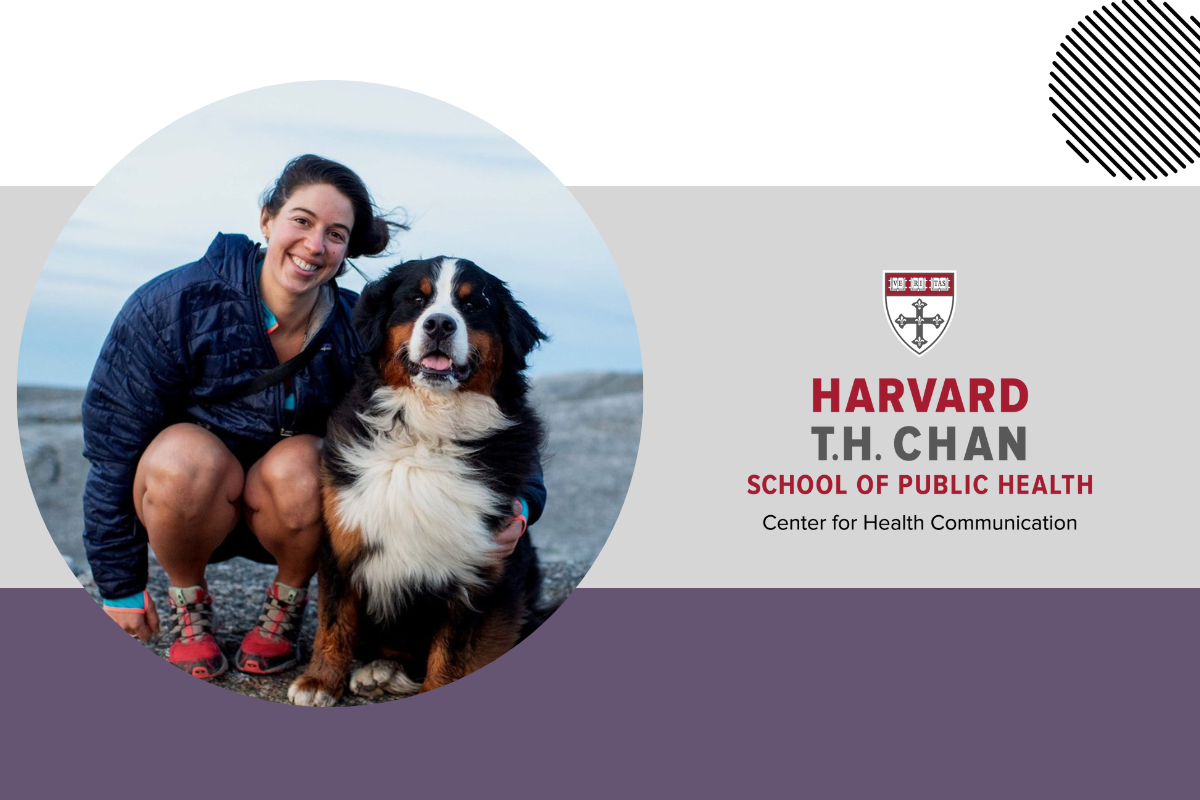 Photo of Kate Speer and her dog Waffle next to the Harvard Center for Health Communication logo